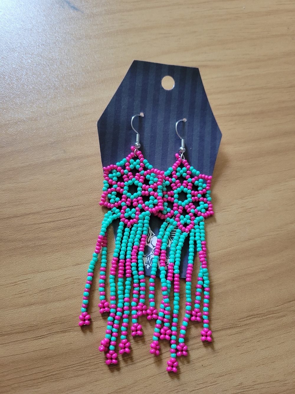 Hand Crafted Pink and Turquoise Beaded Fringe Earrings